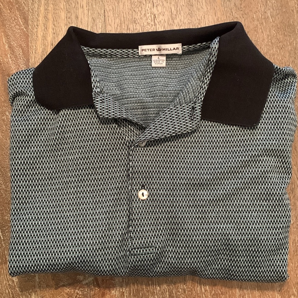 Peter Millar Large Polo in Black with Teal and White Pattern from Bighorn